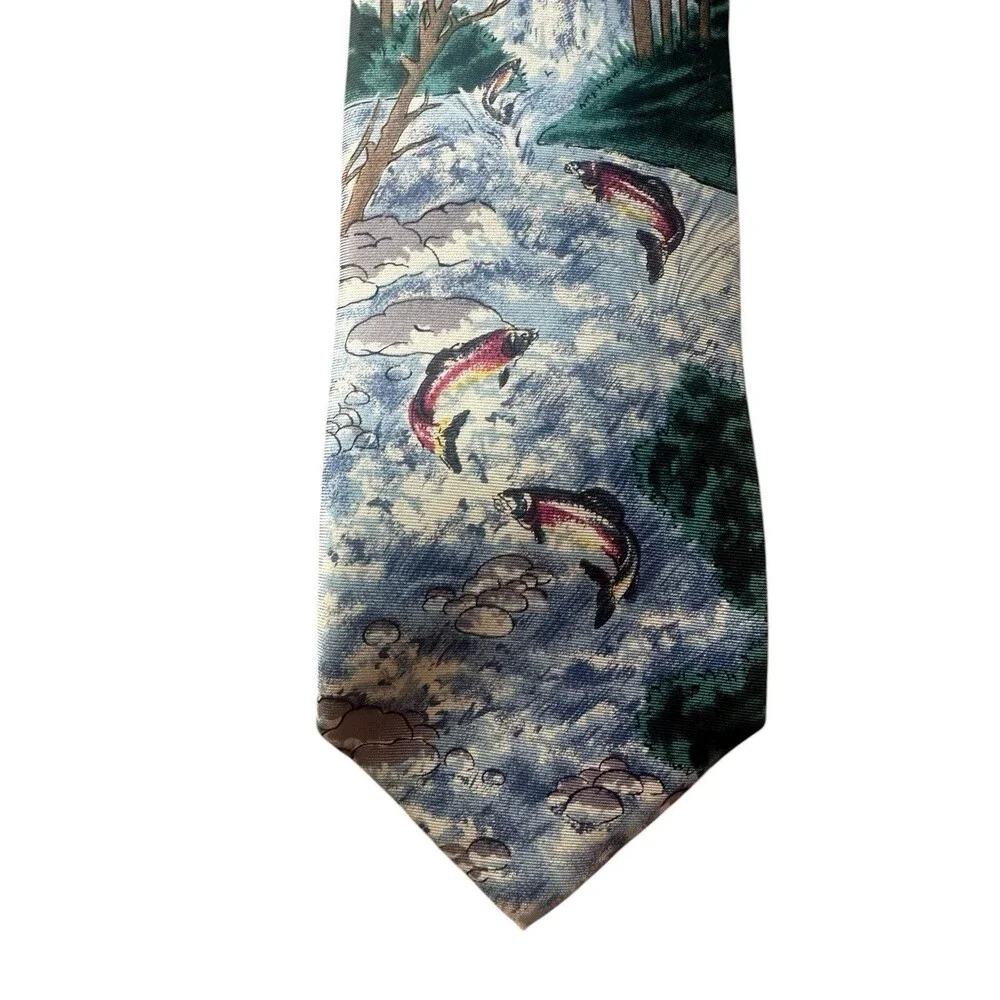 Vintage Lands' End Silk Tie Fishing Trout Salmon Fish Hand Sewn in USA